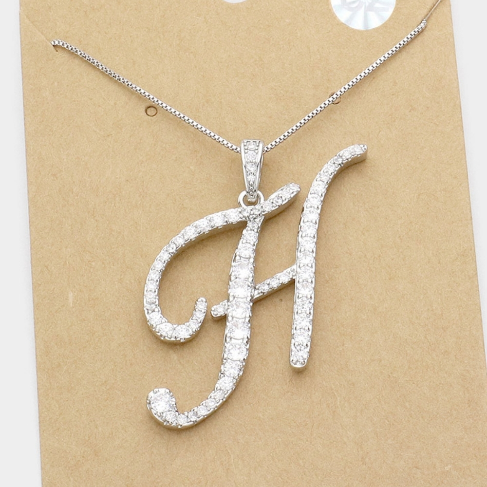 Silver H CZ Monogram Pendant Chain Necklace Rhinestone Crystal Initial Charm - Picture 2 of 5